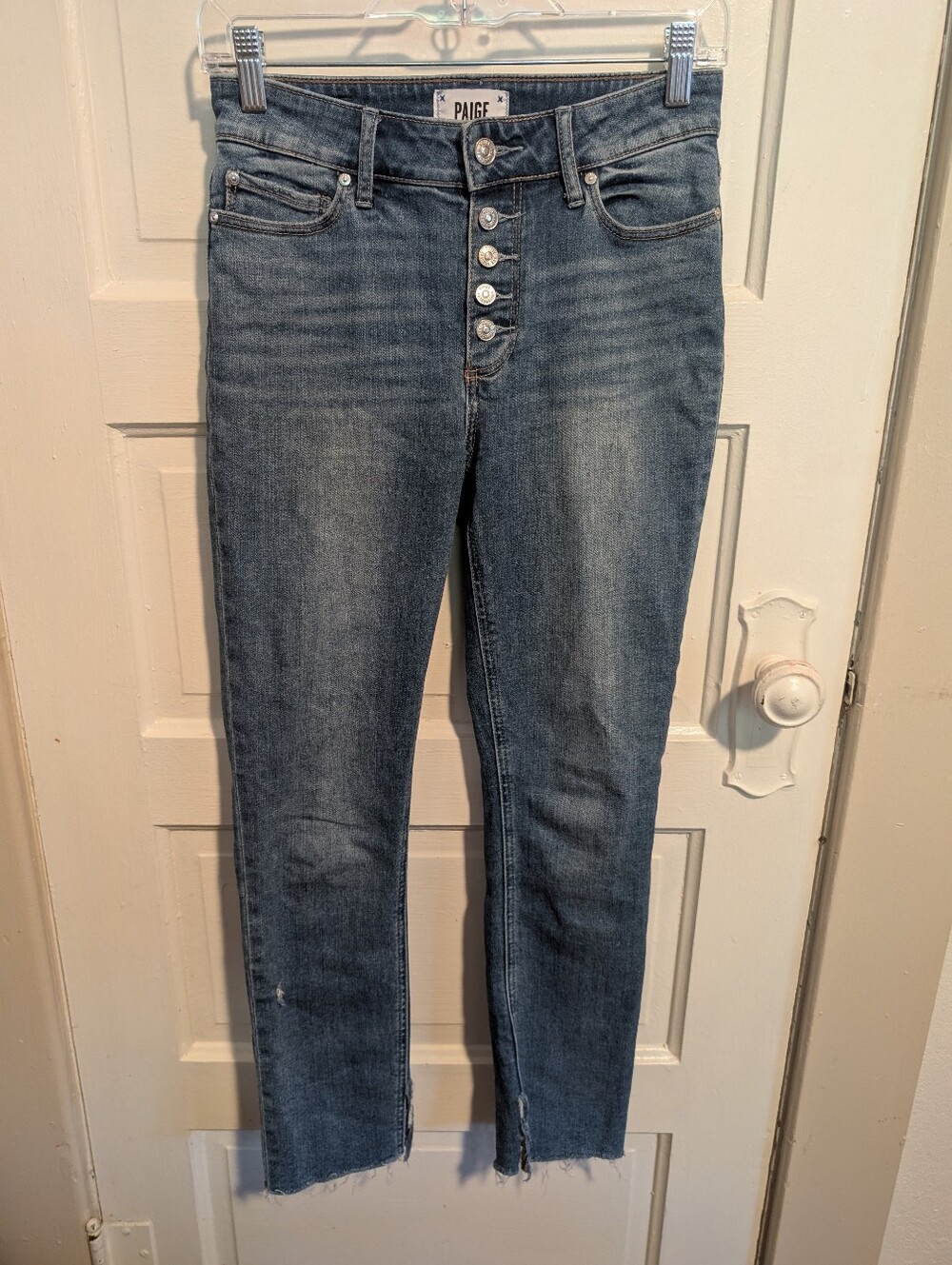 High-Rise Button-Fly Skinny Women's Jeans Slit Legs Faded Blue Denim Size 25